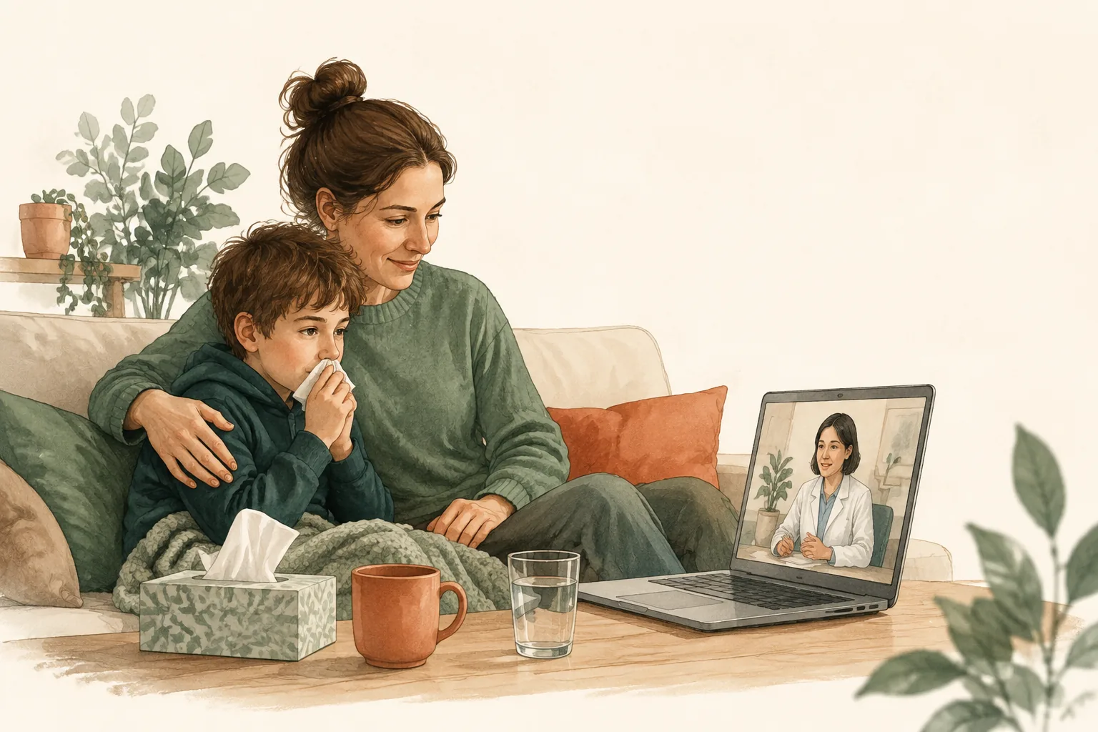 Mama z dzieckiem w wieku szkolnym uczestniczą w wideokonsultacji; obok stoją woda i pudełko chusteczek.